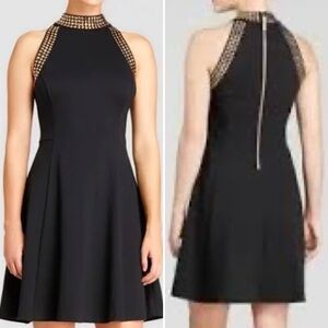 Michael Michael Kors Black High-Neck Gold Studded Fit & Flare Halter Dress